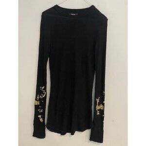 Michael Lauren Top Womens Sz S Black Long Sleeve Ribbed Tee T Shirt Gold Accents